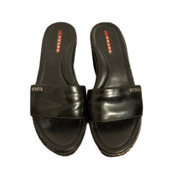 Prada Sport Authentic Solid Black Leather Platform Wedge Slides Sandals 6.5 - Picture 2 of 8